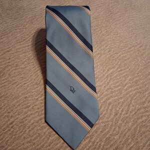 Dior Tie Blue Striped Gold White Navy Embroidered Logo 55 Inch Length NWOT